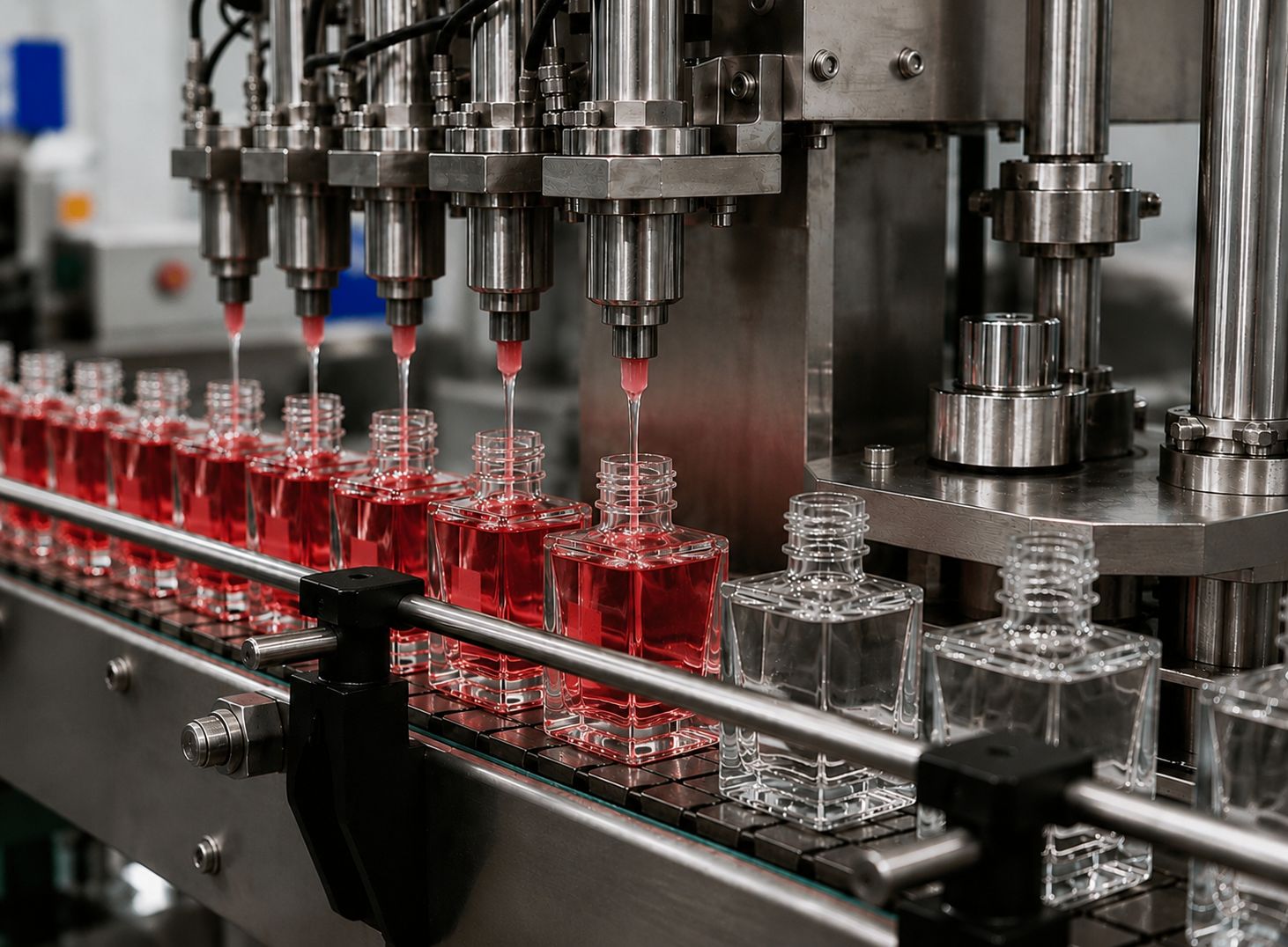 Automotive fragrance liquid filling a row of square glass bottles on a high-speed production line