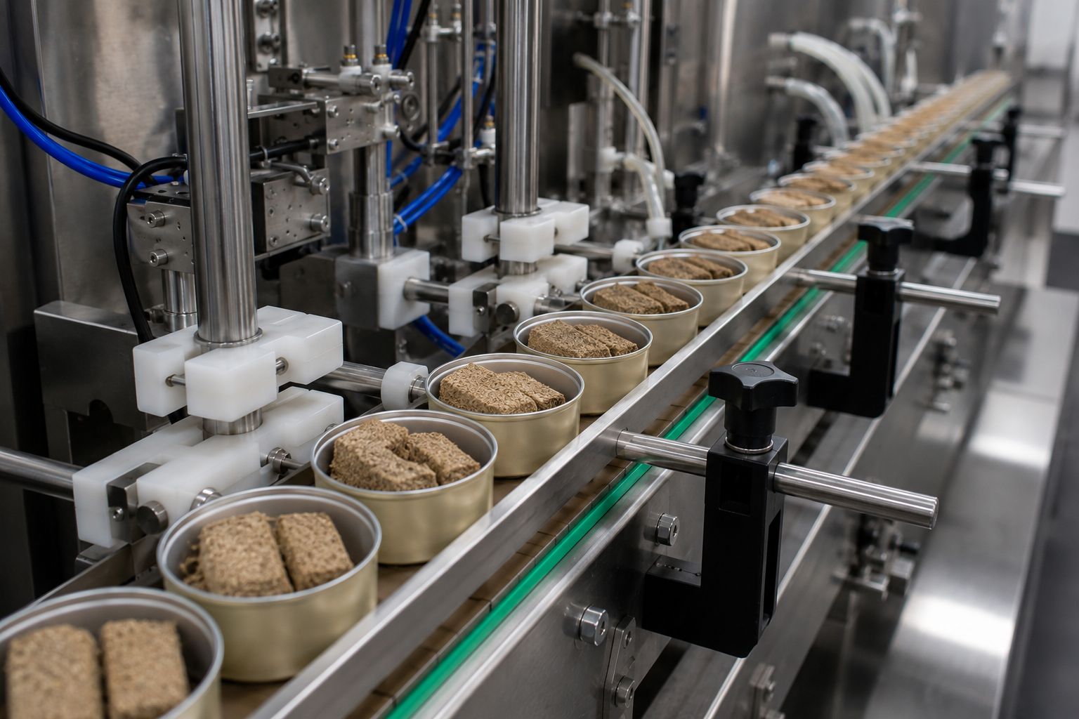 Gold cans being filled with natural fibre on an air freshener production line