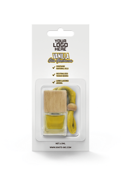 White-label hanging glass car diffuser with wooden cap on a blister card ready for your logo